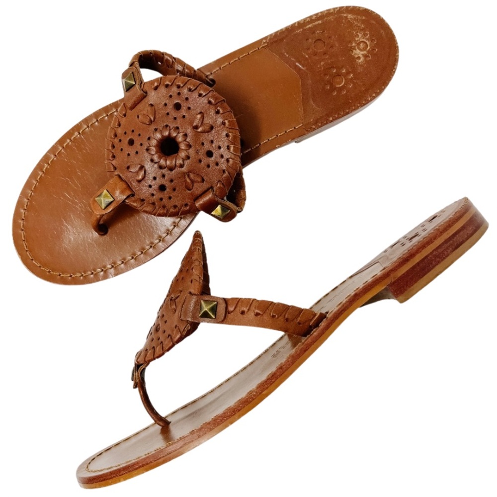 Jack Rogers Georgica Cognac Flat Leather Sandals Women’s 7 Brown